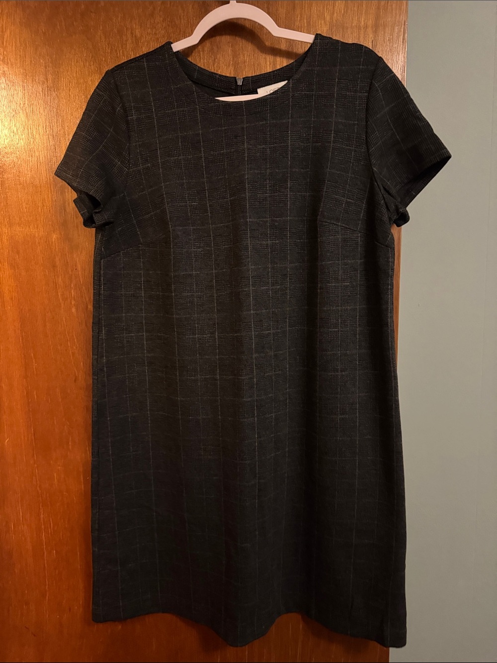LOFT Charcoal Windowpane Short-Sleeve Midi Dress